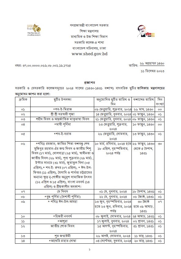 ২০২৪ সালের সরকারি ছুটির তালিকা